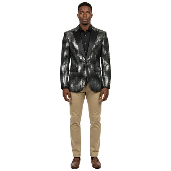 Empire™ Metallic Stripe Sequin Peak Lapel Hybrid Fit Blazer, Silver & Black - Picture 3 of 5